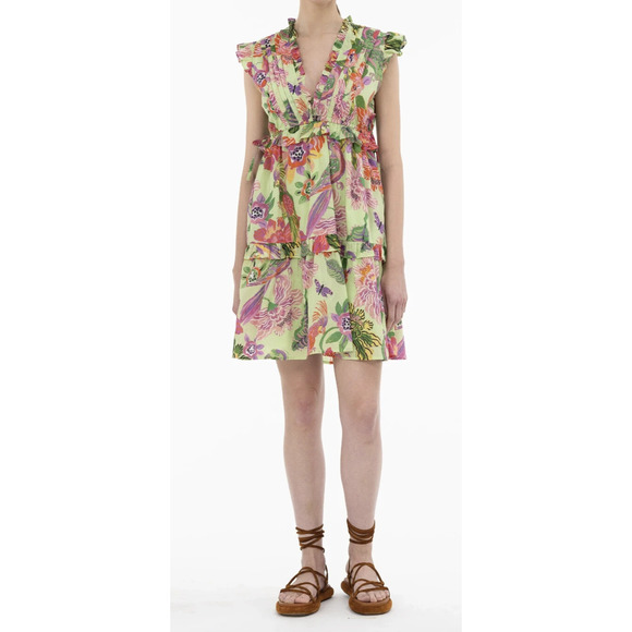 Banjanan Parrot Tropical Floral Mini Dress Ruffle Pleated Cotton Tie Green Large - Picture 15 of 16